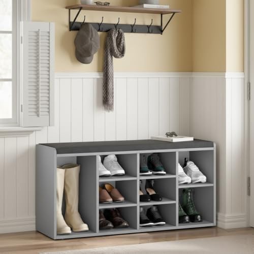 Grey Shoe Storage Bench with Cushion Seat 9 Cubes Adjustable Shelves Entryway