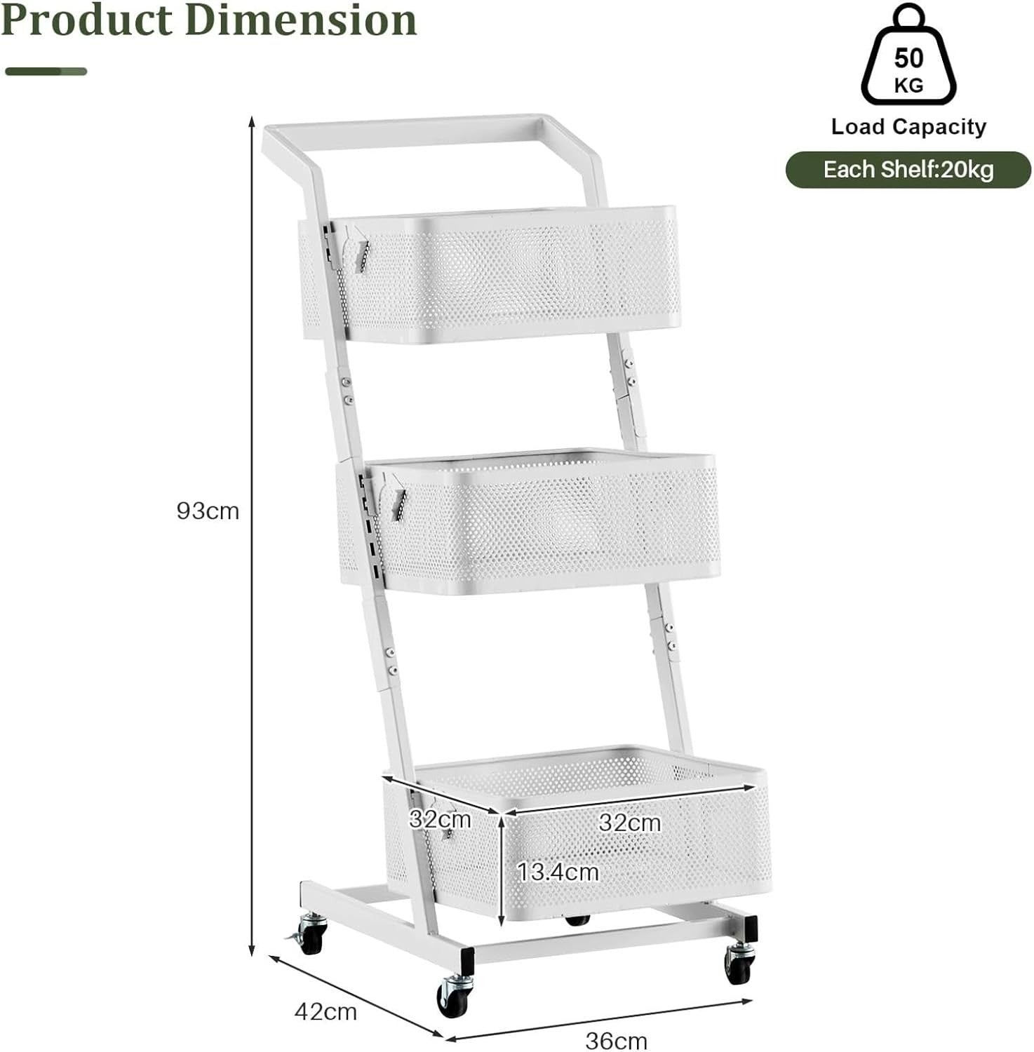 3 Tier Rolling Storage Trolley Metal Basket Organizer with Wheels White