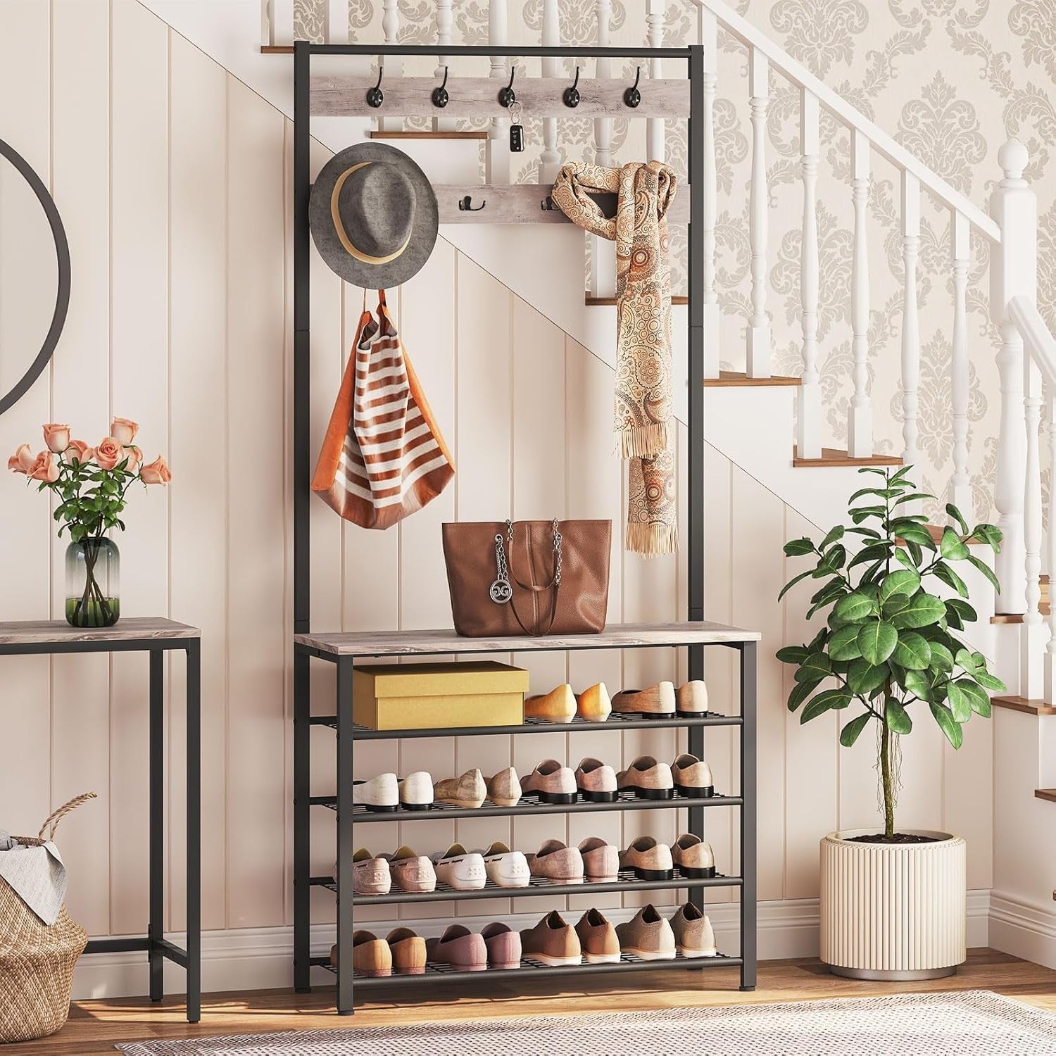Freestanding Coat Rack with Shoe Storage – 9 Hooks Hall Tree 190cm