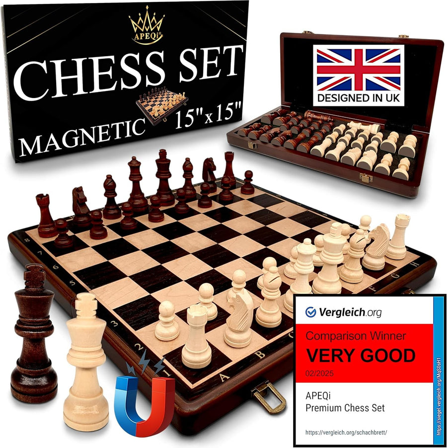 15" Magnetic Wooden Chess Set Luxury Folding Board 38cm with Extra Queens