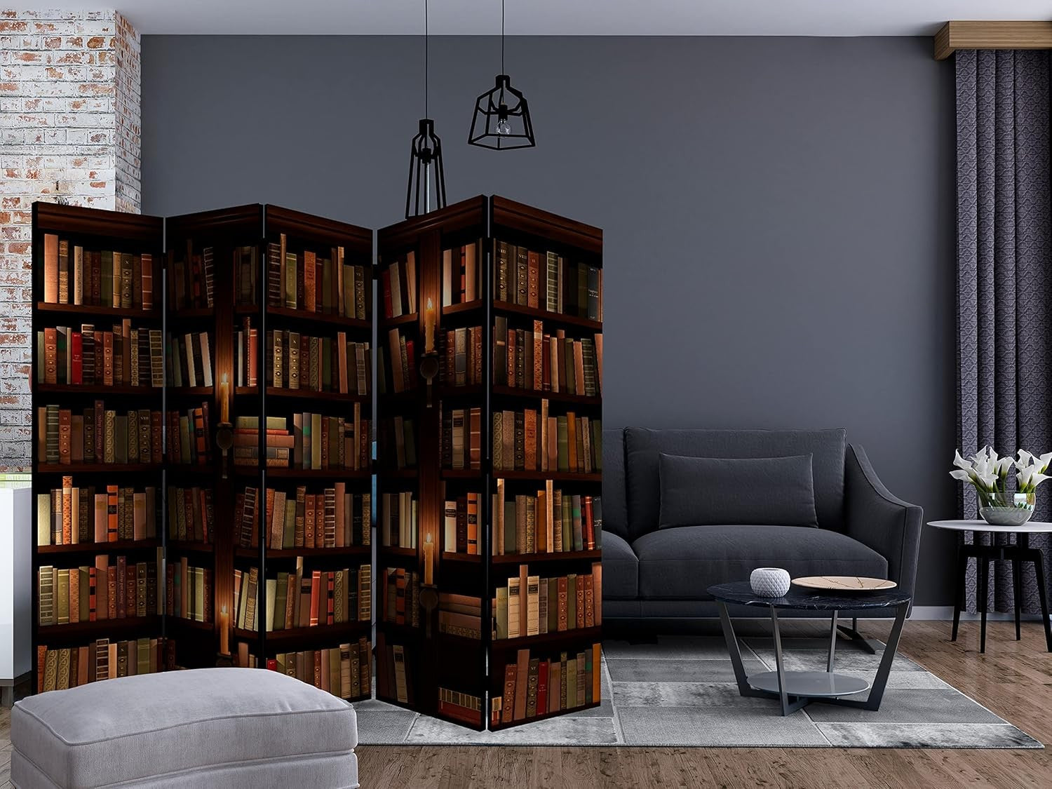 Large Library Print Folding Room Divider – 5 Panel Double-Sided Screen