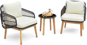 3PC Outdoor Rattan Bistro Set Cushioned Armchairs & Glass Coffee Table