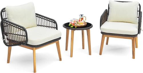 3PC Outdoor Rattan Bistro Set Cushioned Armchairs & Glass Coffee Table