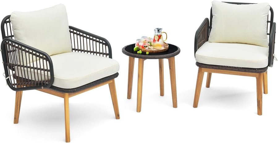 3PC Outdoor Rattan Bistro Set Cushioned Armchairs & Glass Coffee Table