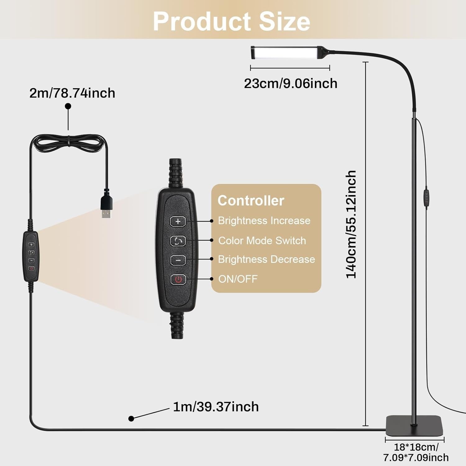 LED Floor Reading Lamp Dimmable Adjustable Black Standing Light for Living Room