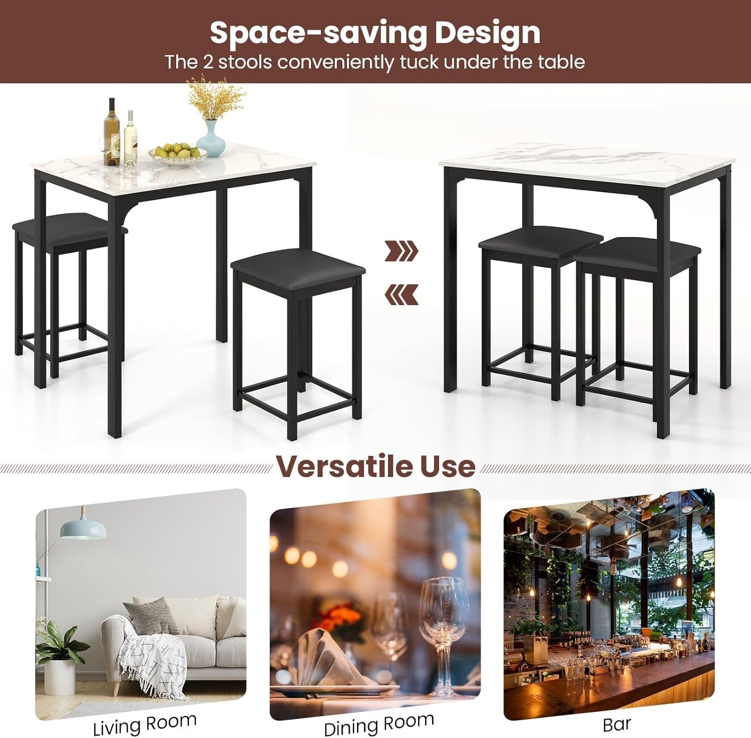 3-Piece Bar Table Set Marble Top & 2 Stools Space-Saving Dining White Furniture