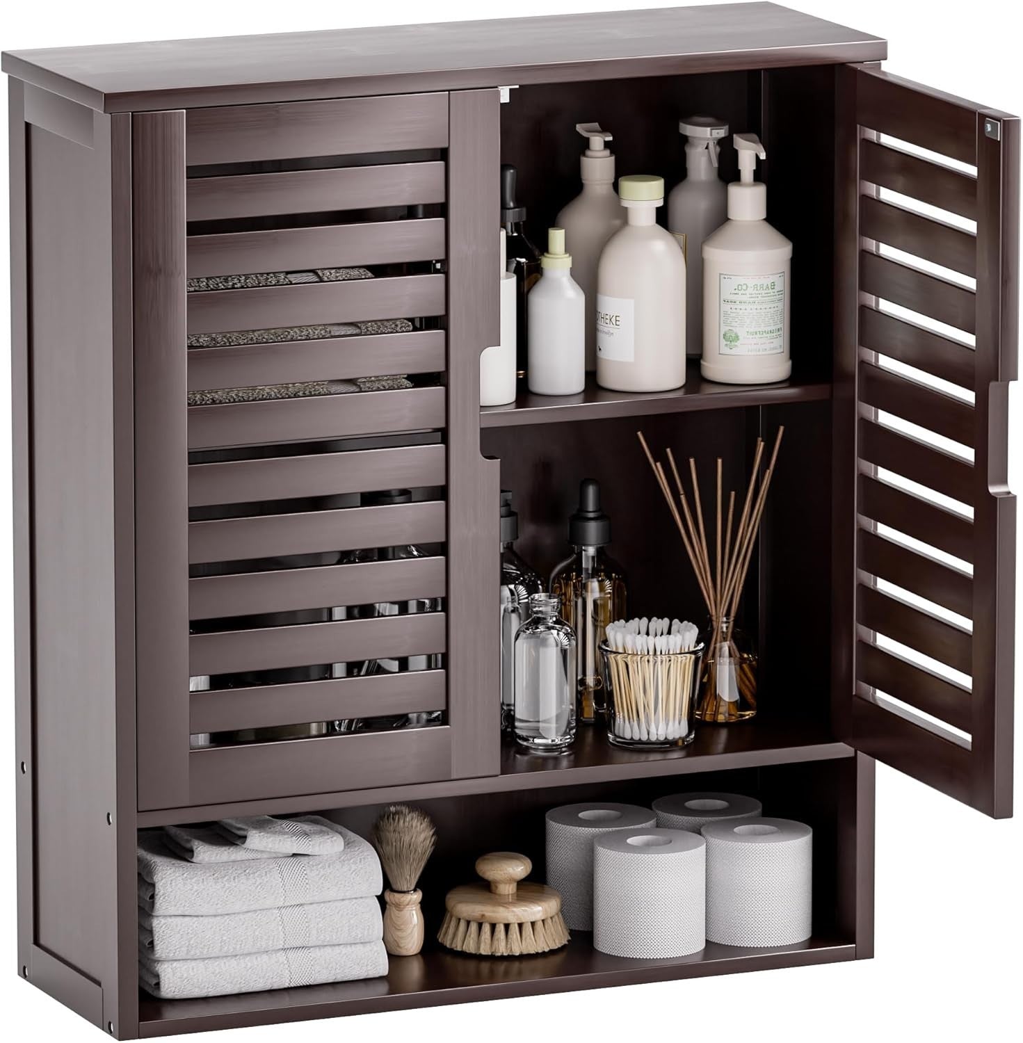 Brown Bathroom Wall Cabinet Storage – 2 Doors, Adjustable Shelves, Over Toilet