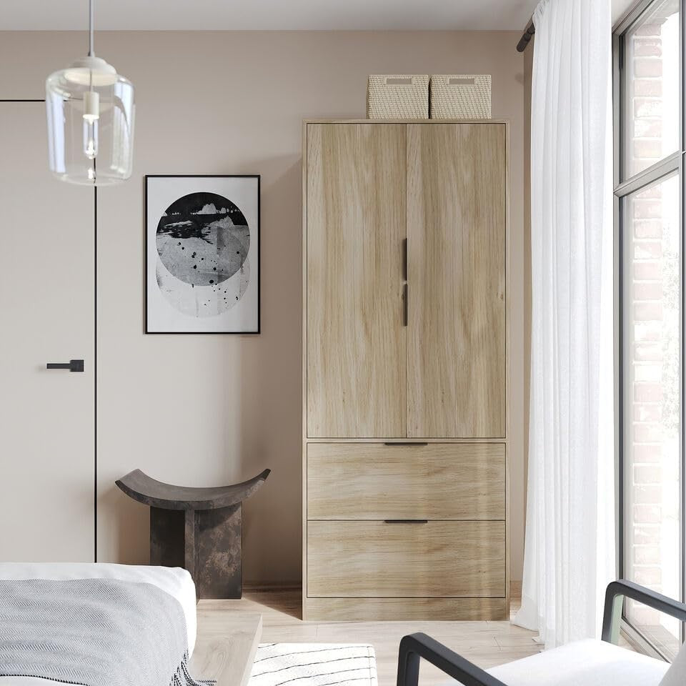 Tall Oak Bedroom Wardrobe 2 Door 2 Drawer Storage Hanging Rail Unit