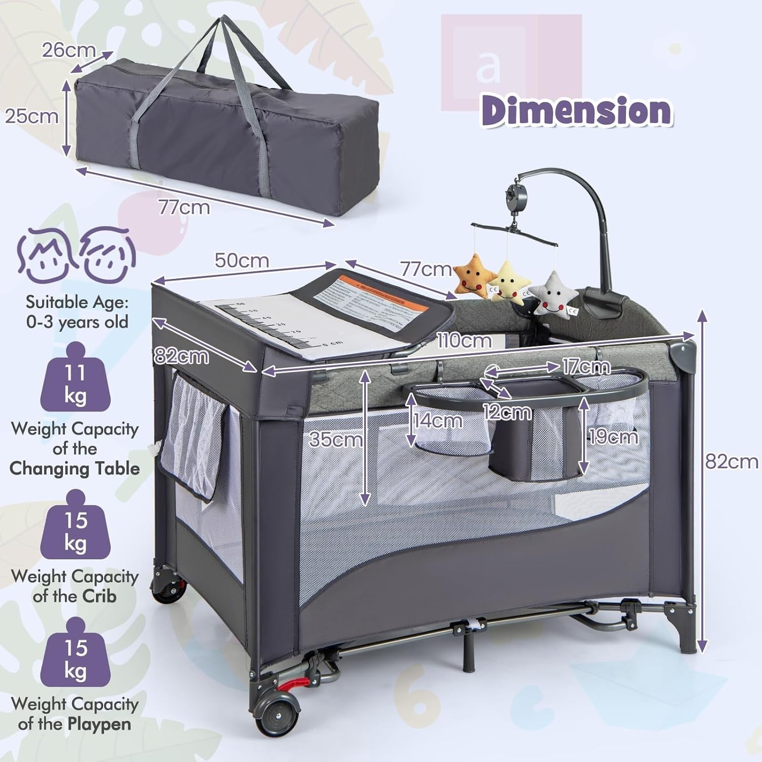 6in1 Baby Travel Cot Foldable Crib with Mattress, Changer & Storage Classic