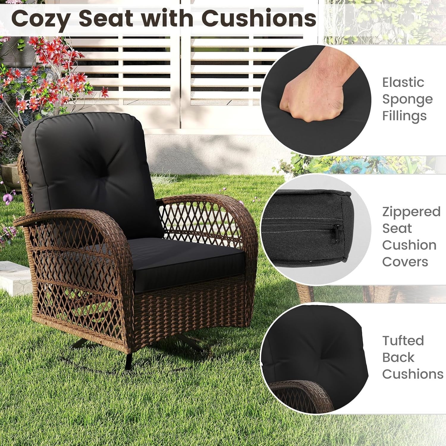 3pc Rattan Bistro Set Garden Swivel Rocking Chairs & Glass Table Outdoor