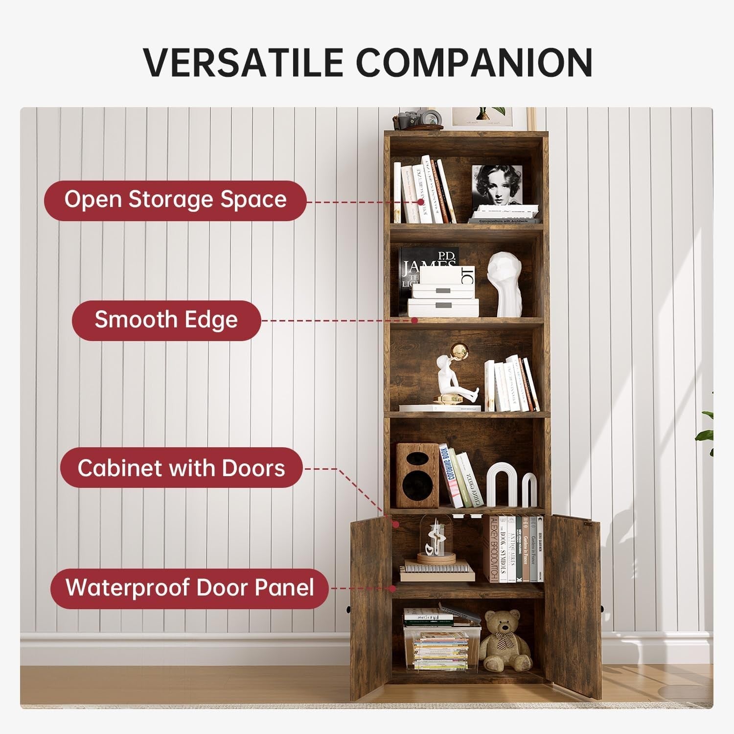 Tall Rustic Brown 6-Tier Bookcase Cabinet Doors Modern Storage Unit 181cm
