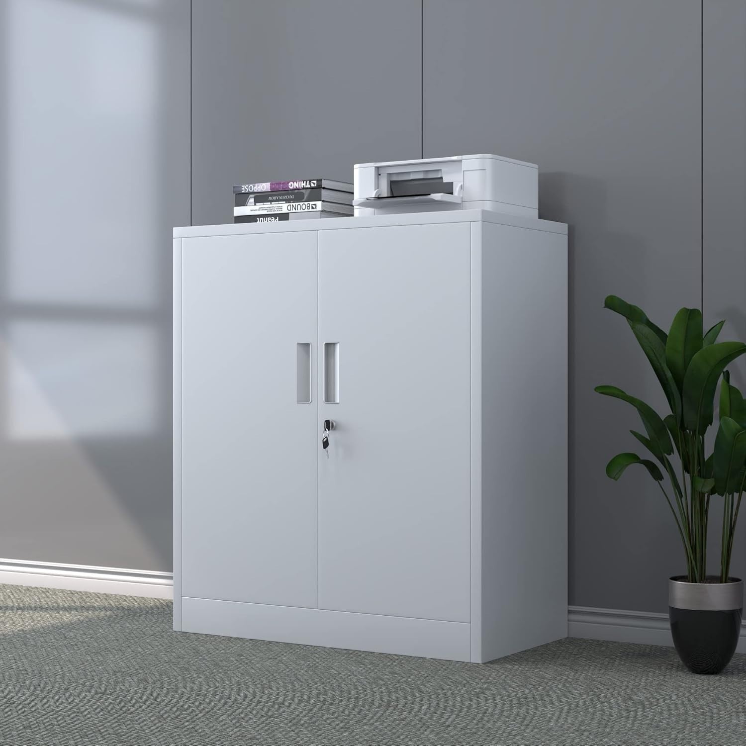 Metal Storage Cabinet Lockable Doors Adjustable Shelves Office Garage