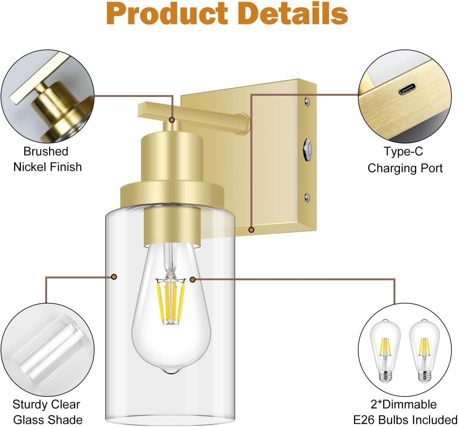 Gold Wall Sconce Lights 2-Pack, Rechargeable LED, Remote, Dimmable