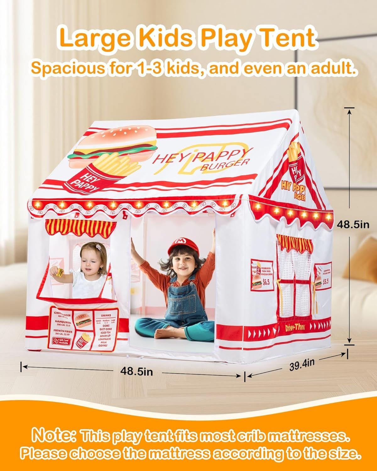 Burger Shop Kids Play Tent Indoor Outdoor w Lights Toys Windows