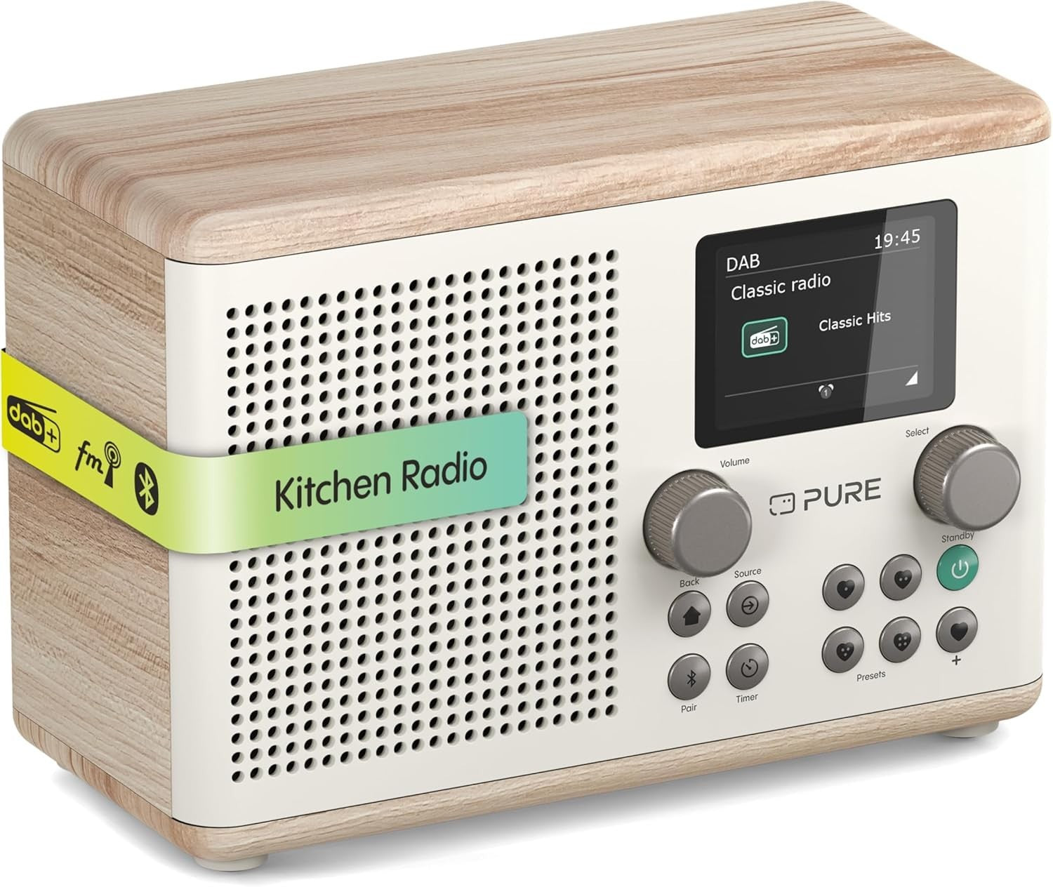 Digital Kitchen Radio DAB+ FM Bluetooth USB AUX Timer Alarm White/Oak