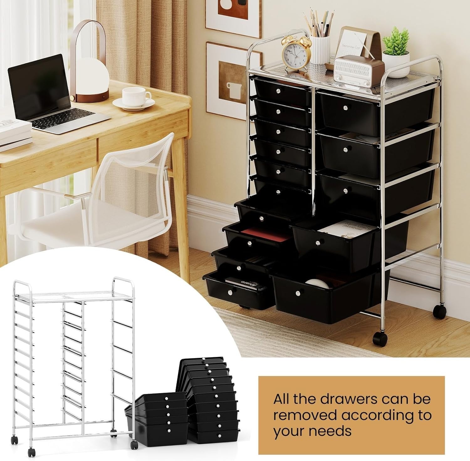 15 Drawer Mobile Storage Cart Rolling Organizer Trolley Lockable Wheels