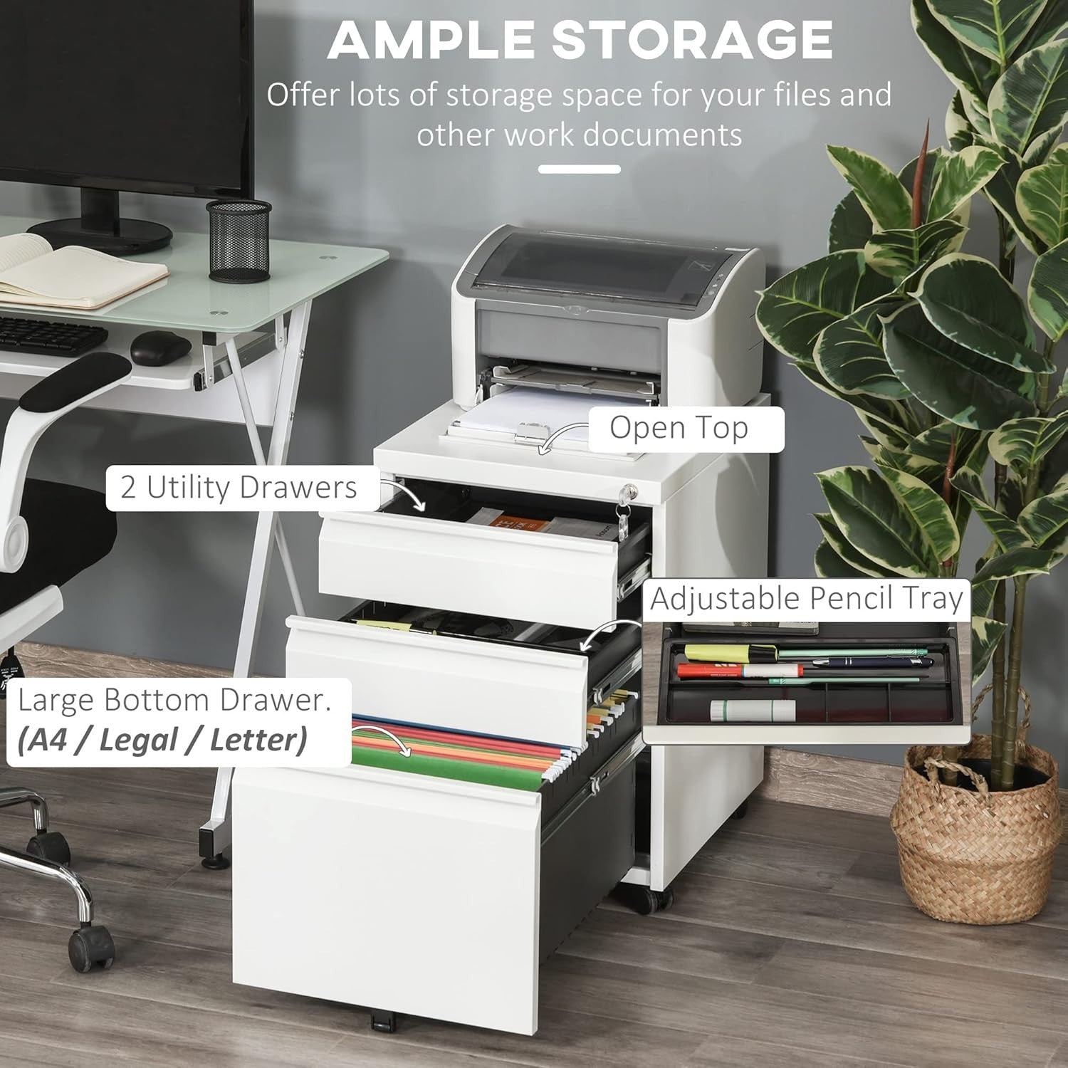 3 Drawer Mobile Filing Cabinet with Lock Under Desk Office Storage White