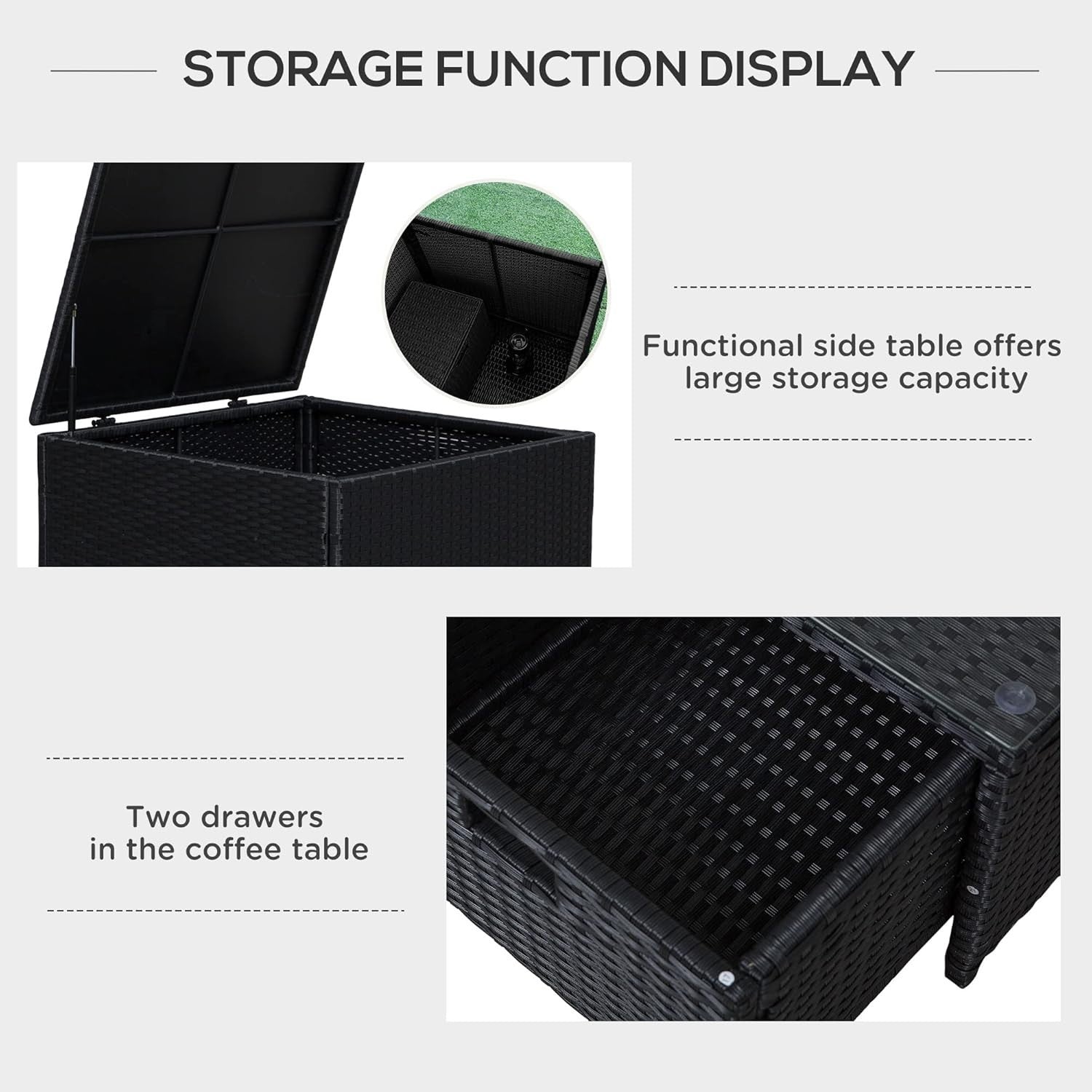 4PC Black Rattan Garden Sofa Set with Storage Drawers Cushions Glass Table