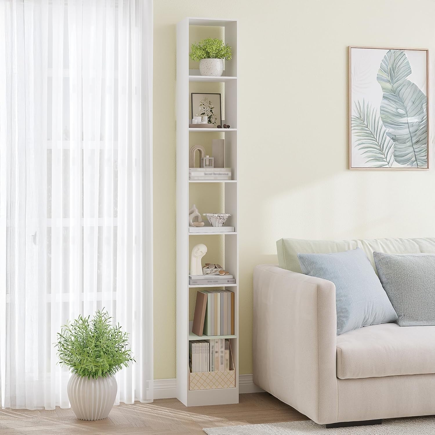Modern 7-Tier White Wooden Bookshelf, Adjustable Shelves, 24x30x214 cm