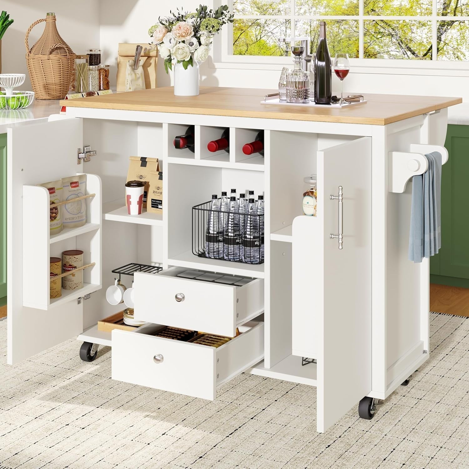 White Kitchen Island Trolley on Wheels w/ Foldable Top, Wine Rack & Storage