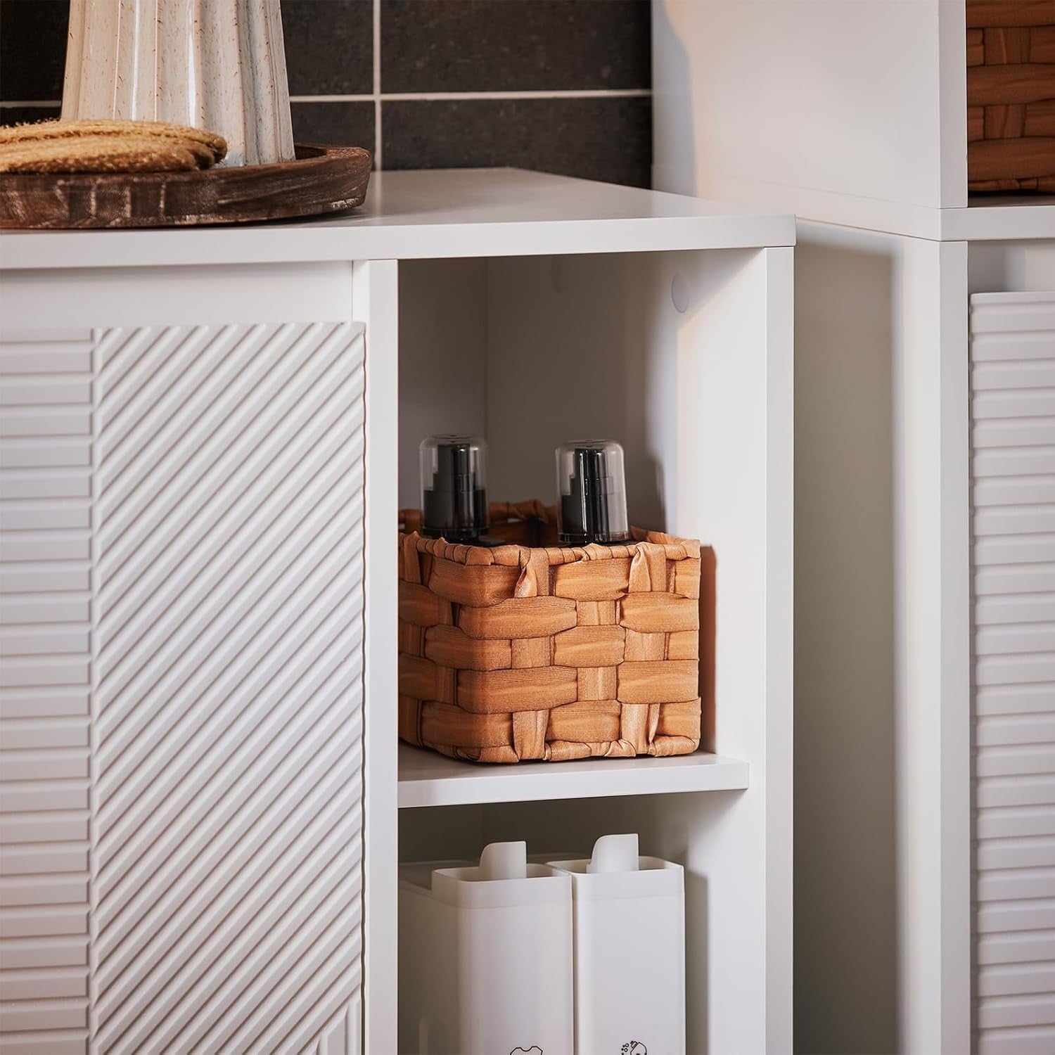 Slim Bathroom Storage Cabinet with Laundry Hamper White Tall Unit 86×50×30cm