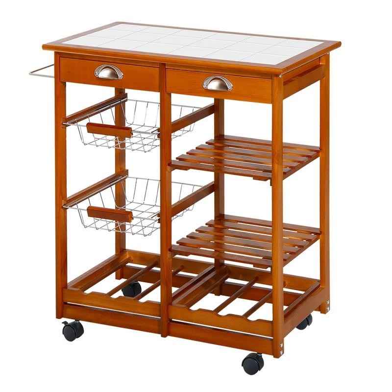 Wooden Kitchen Trolley with Wine Rack, Drawers & Tile Top – Honey Finish