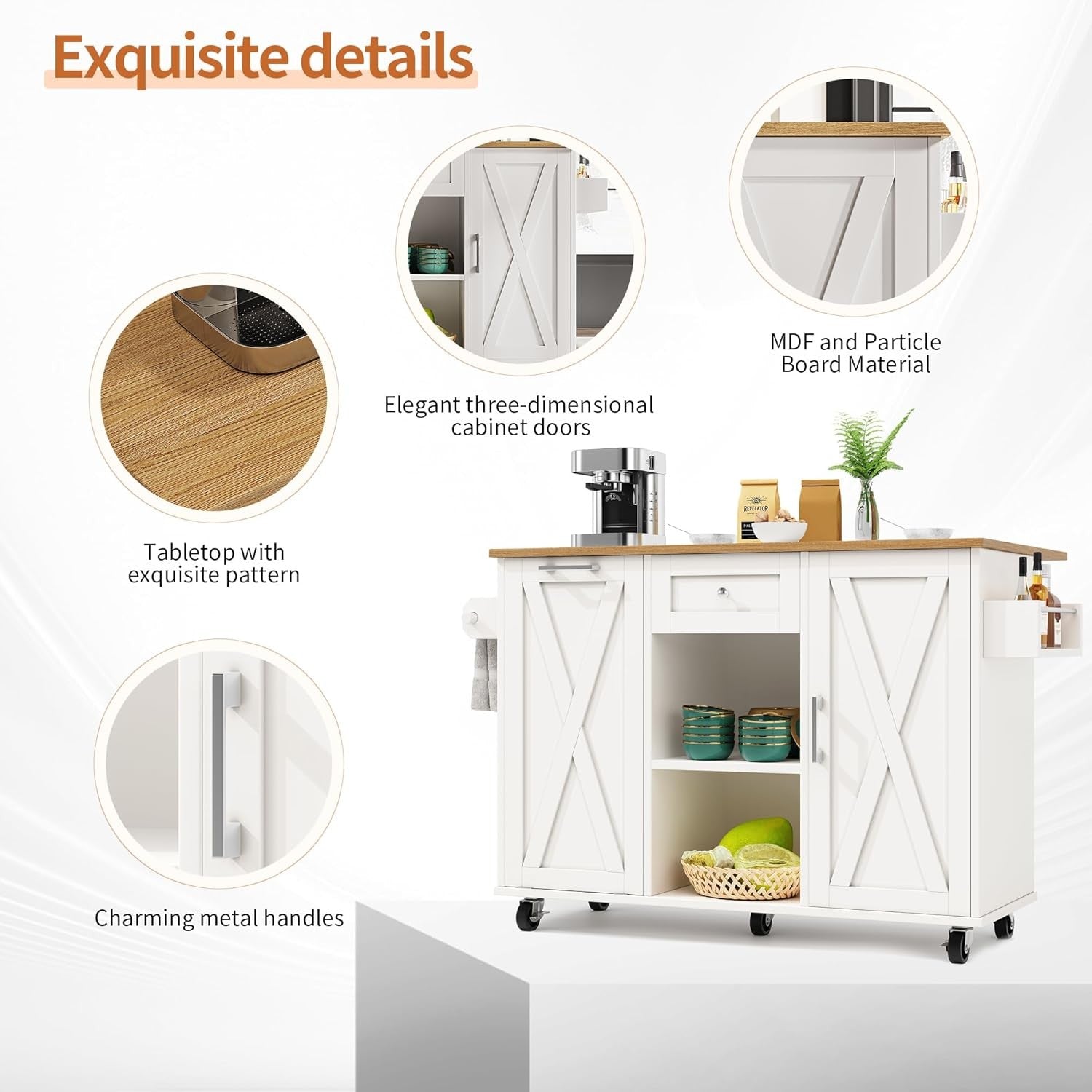 Kitchen Island Trolley on Wheels Expandable Worktop Drawer Storage White
