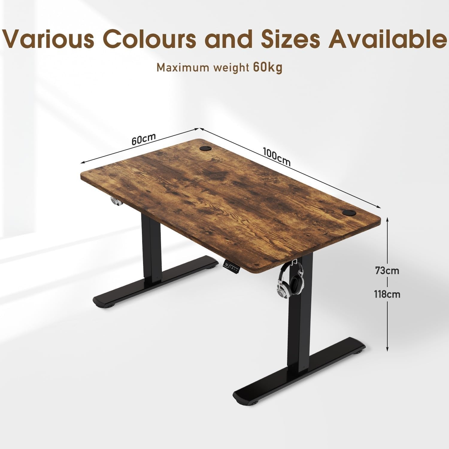 Rustic Brown Electric Standing Desk 100x60cm Adjustable Home Office Table