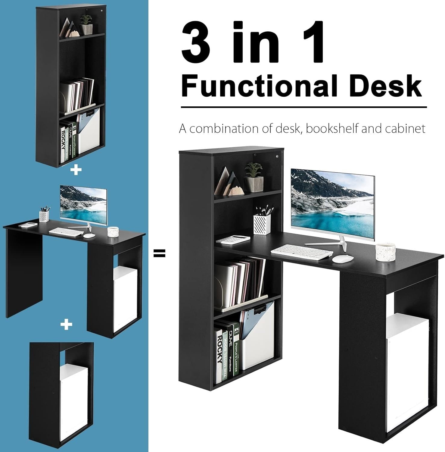 Modern Black Computer Desk with 6-Tier Shelves & Spacious Workstation
