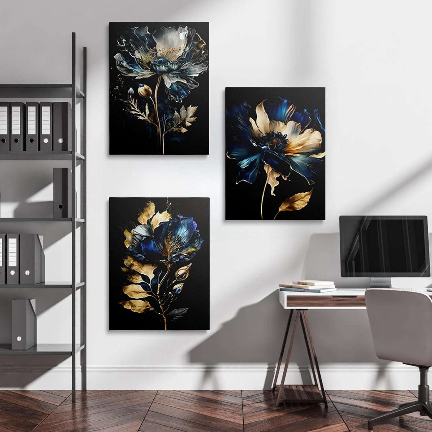 Blue Gold Floral Wall Art Set of 3 Framed Canvas 12x16in