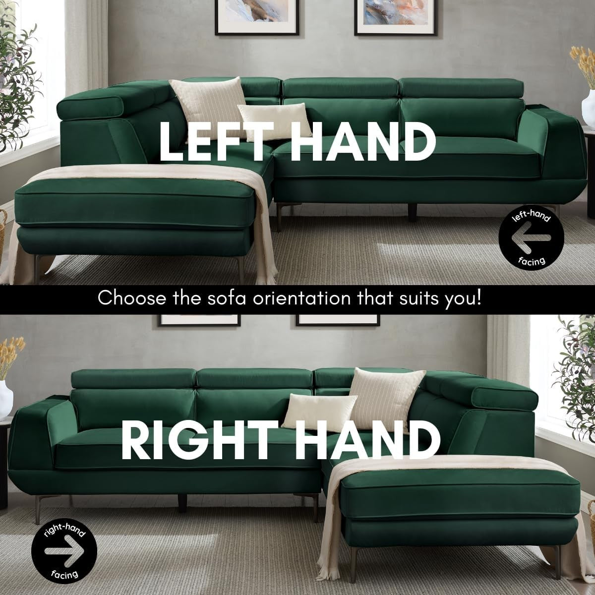 5 Seater L-Shaped Velvet Sofa with Adjustable Headrests & Metal Legs