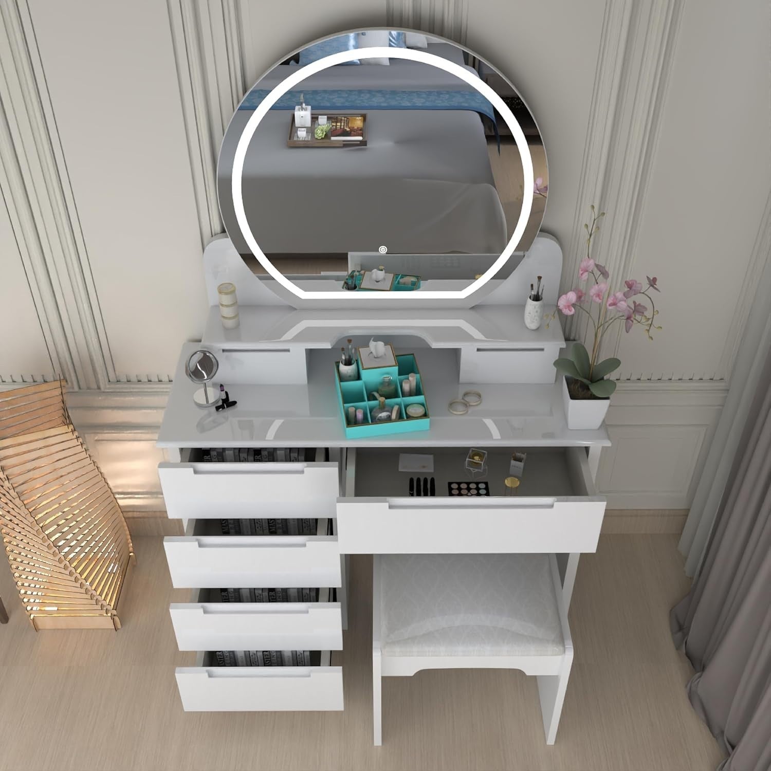 White Dressing Table Makeup Vanity Desk w/ Mirror Modern 5 Drawer High Gloss
