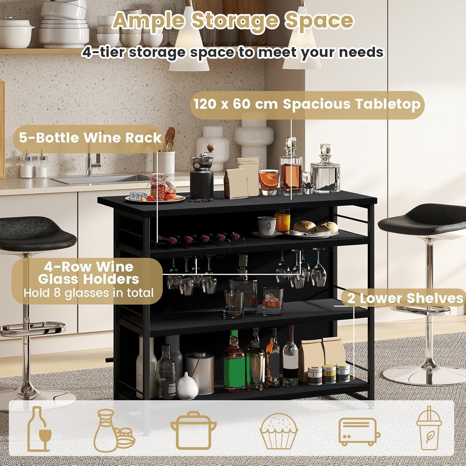Industrial Kitchen Island Bar Table with Wine Rack Black 120x60cm