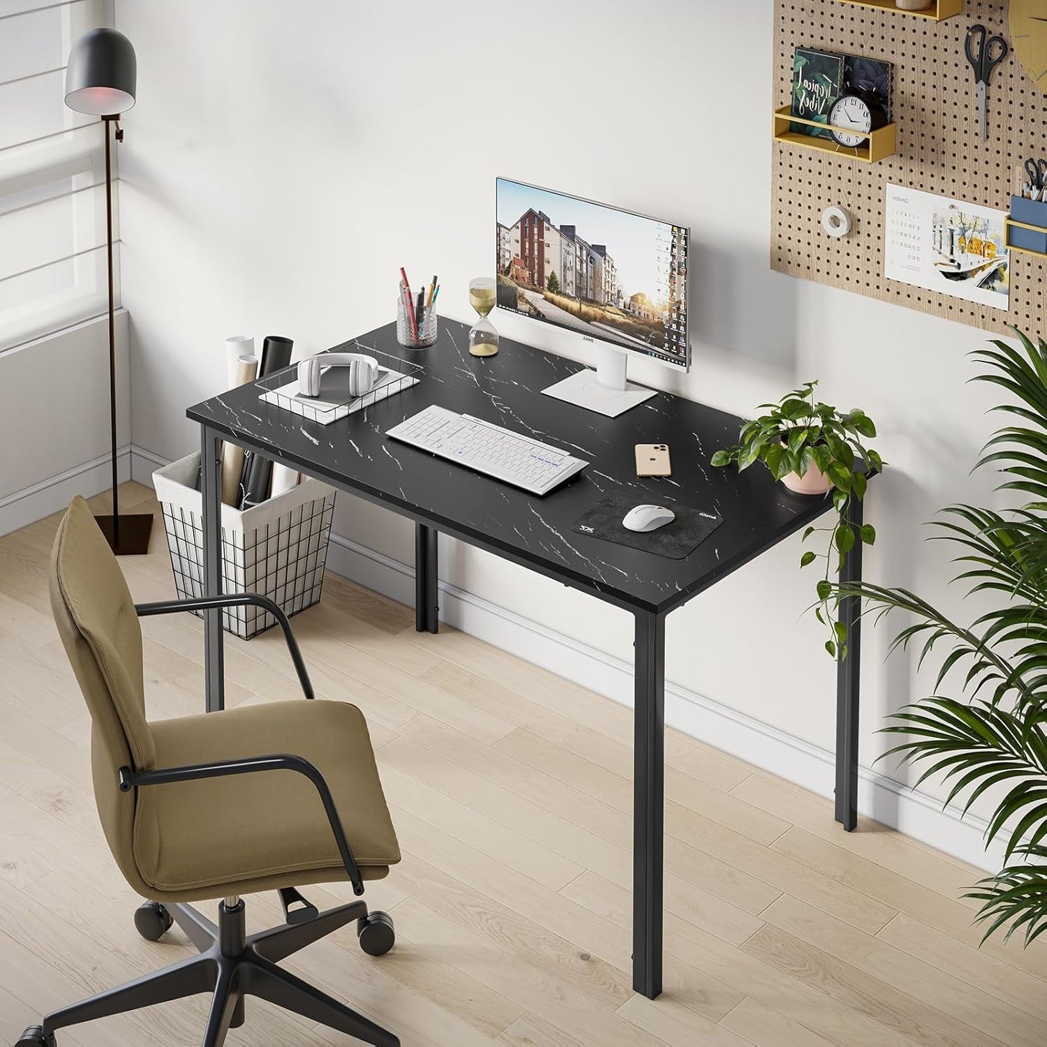 Modern Marble Dining Table Set 4 PU Chairs Black Leaf Pattern Kitchen