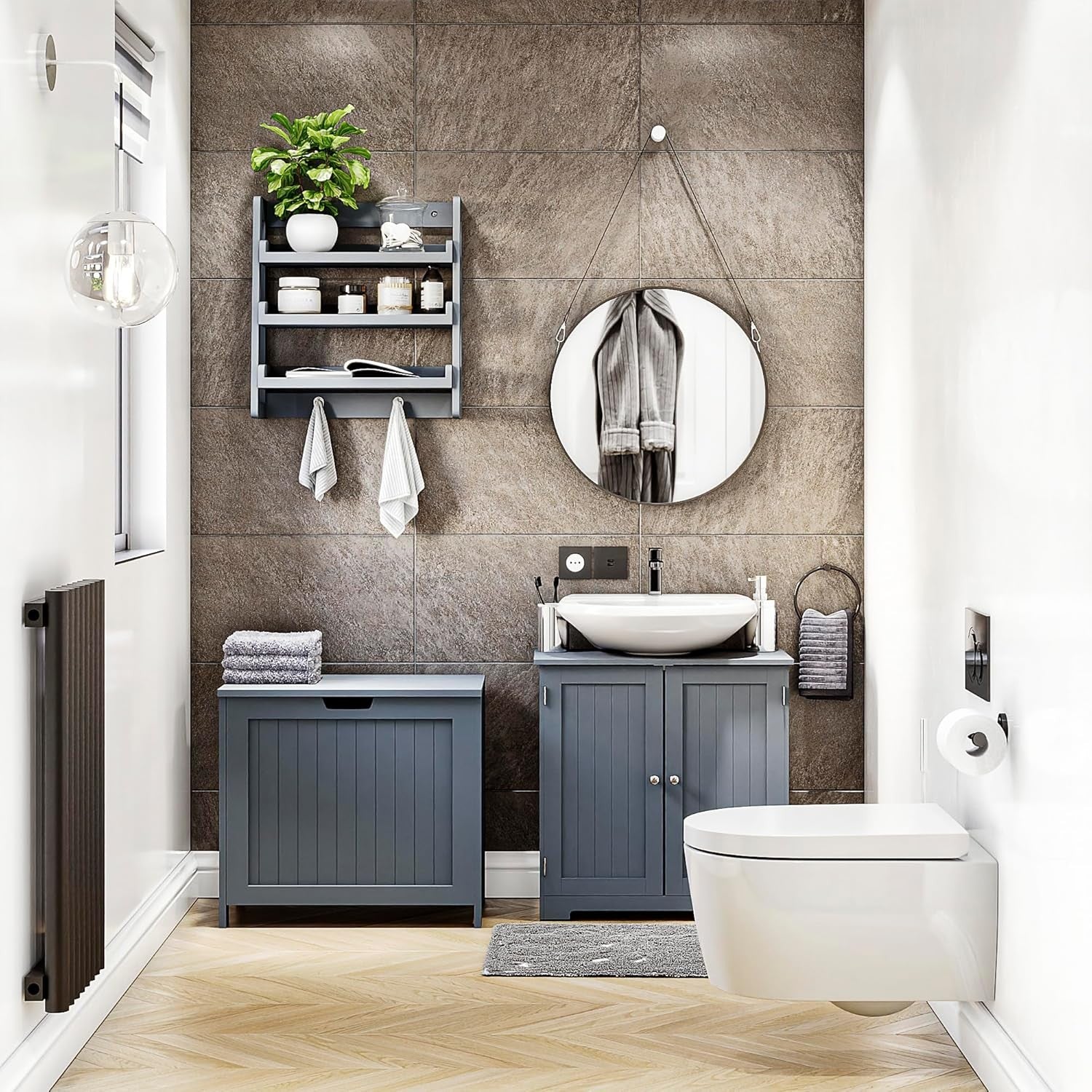 Large Grey Laundry Hamper Modern Hinged Lid Wooden Basket 56×60×35cm FSC Wood
