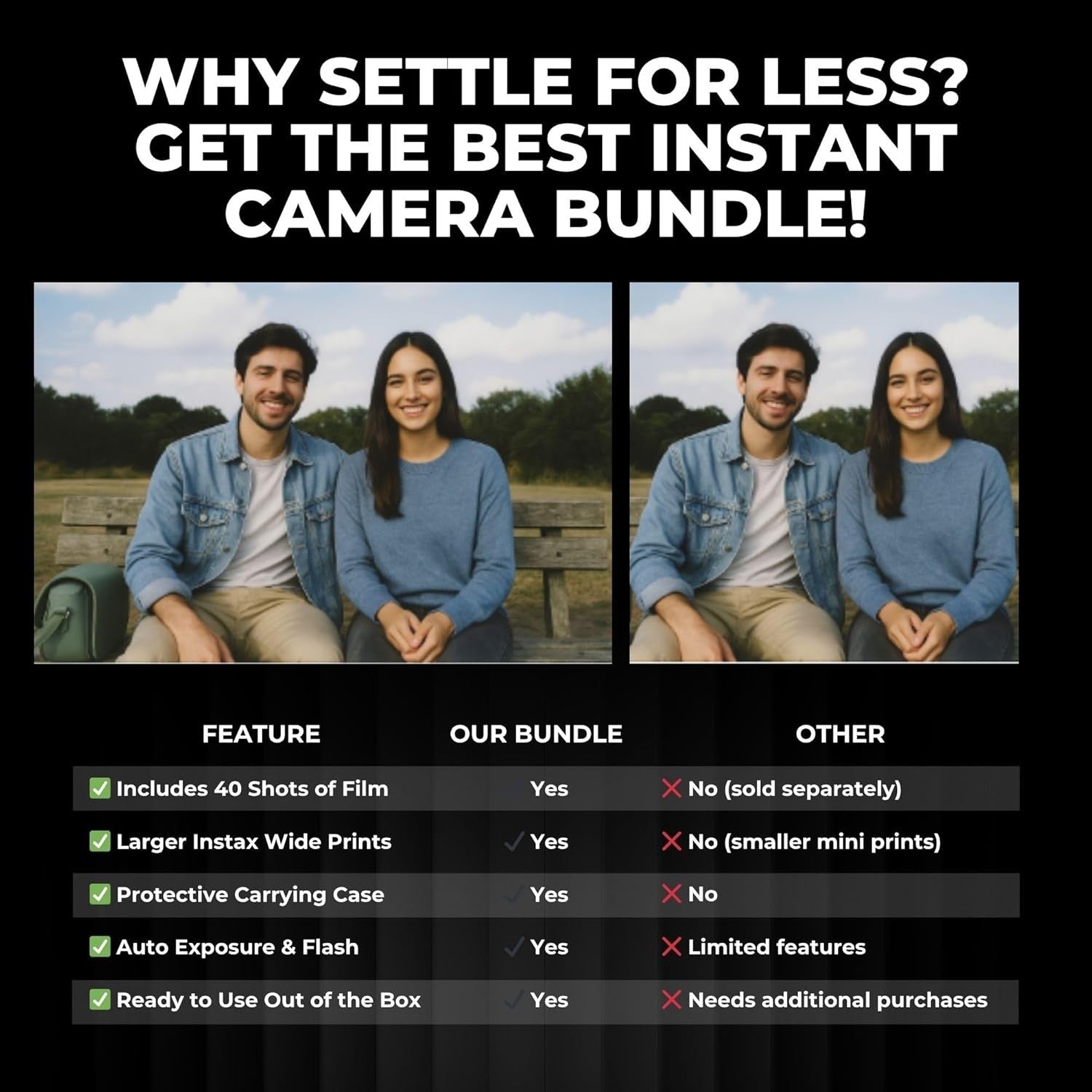 Instant Wide Camera Bundle 40 Film Shots Case Album Filters Kit