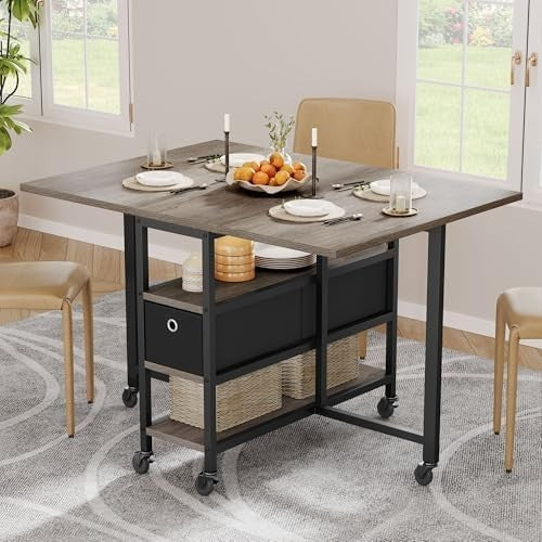 Grey Oak Folding Dining Table Drop Leaf Mobile with Storage 120cm