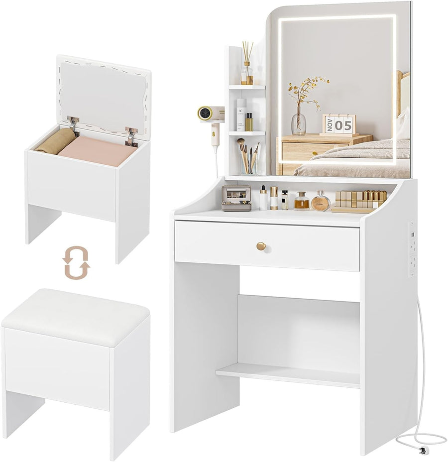 White Vanity Dressing Table LED Mirror 3 Color Lights 5 Drawers Storage & Stool