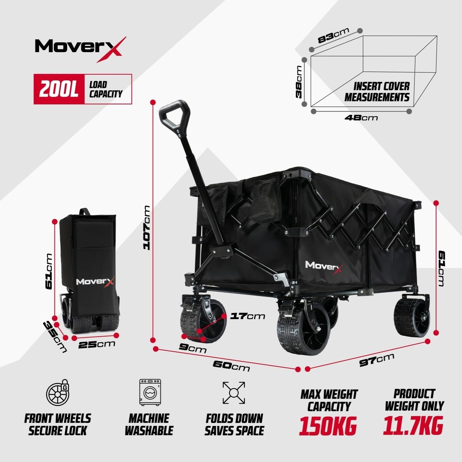 Black 200L Folding Camping Wagon Wide Wheel Festival Trolley Adjustable Handle
