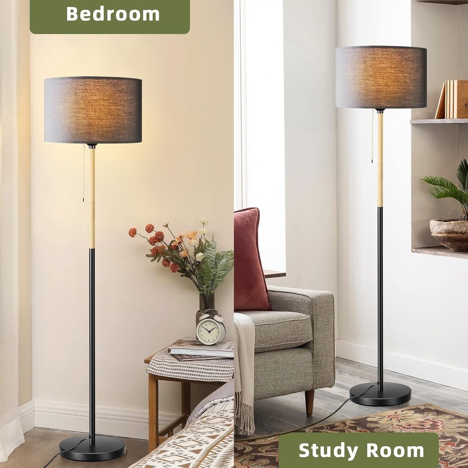 Black Farmhouse Floor Lamp Linen Shade Tall Standing Reading Light LED