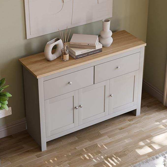 Modern Grey & Oak Sideboard Buffet Table 2 Drawer 3 Door Storage Cabinet