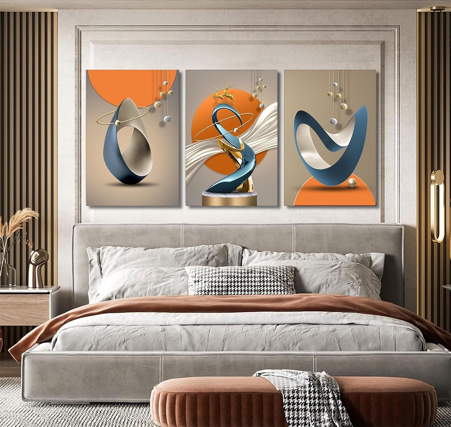 3Pcs Modern Abstract Canvas – Gold Deer Lines White Blue Orange Wall Art