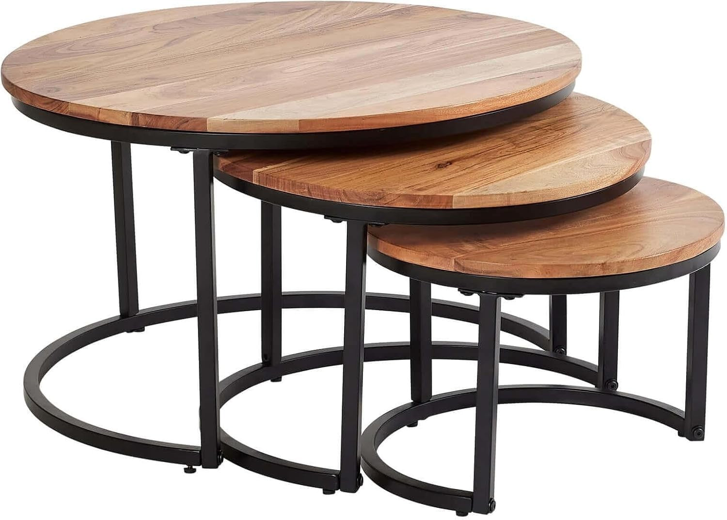 Nest of Tables 3PC Coffee Side End Round Industrial Wood Metal Living Room