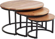 Nest of Tables 3PC Coffee Side End Round Industrial Wood Metal Living Room