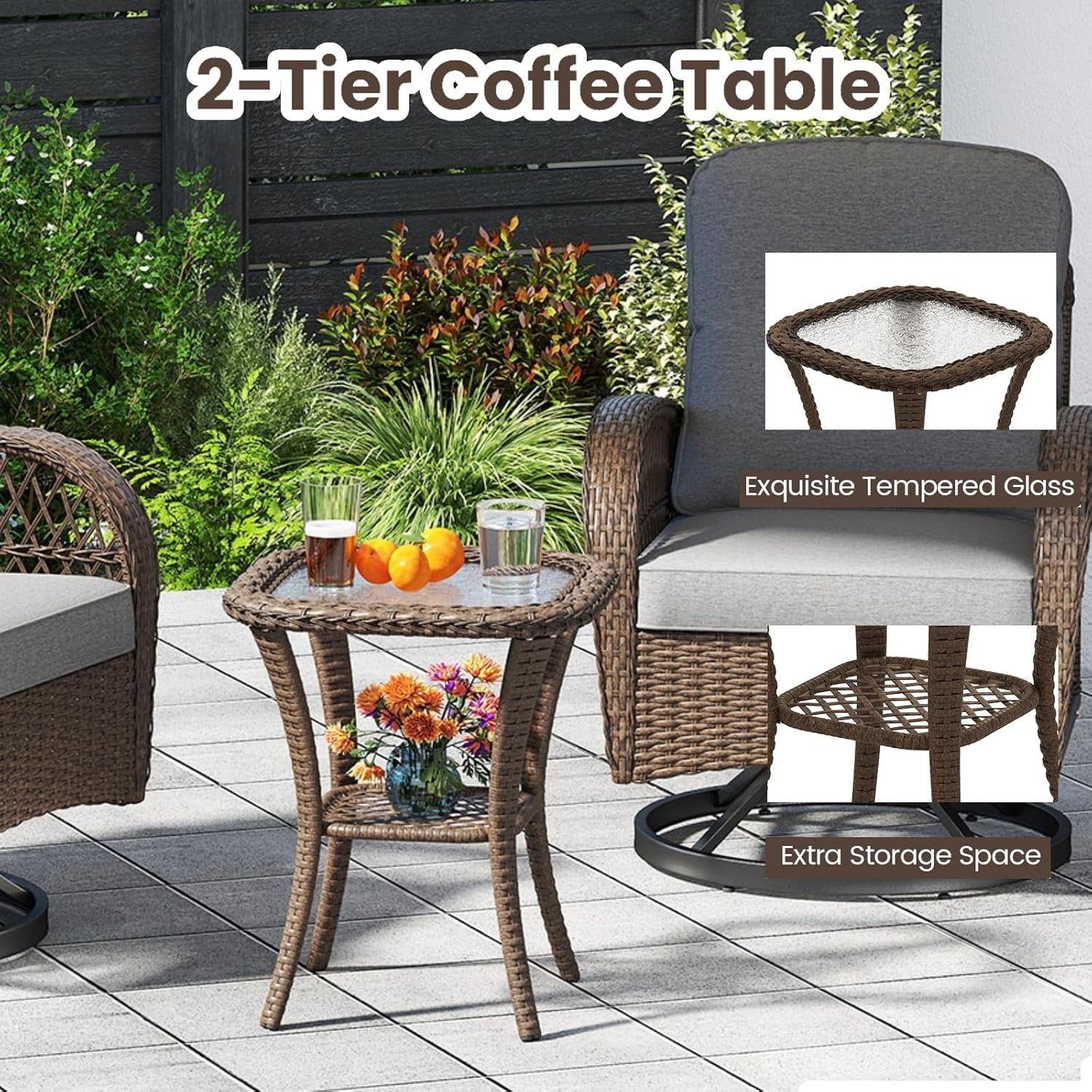 Luxury Swivel Rattan Bistro Set 360° Chairs Side Table Garden Patio