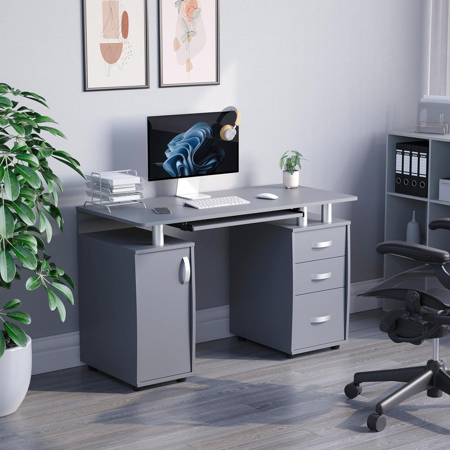 Grey 3 Drawer Computer Desk w/Shelves & Keyboard Tray, 120cm Workstation