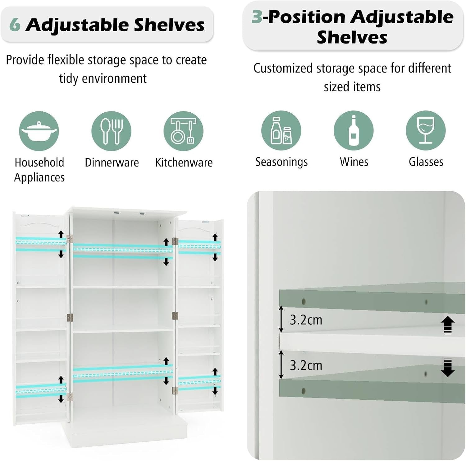 Kitchen Cupboard Pantry Cabinet with 17 Shelves & 2 Doors White