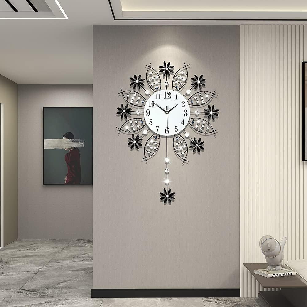 Oversized Silent Wall Clock 22" Modern Glass Crystal Pendulum Decor