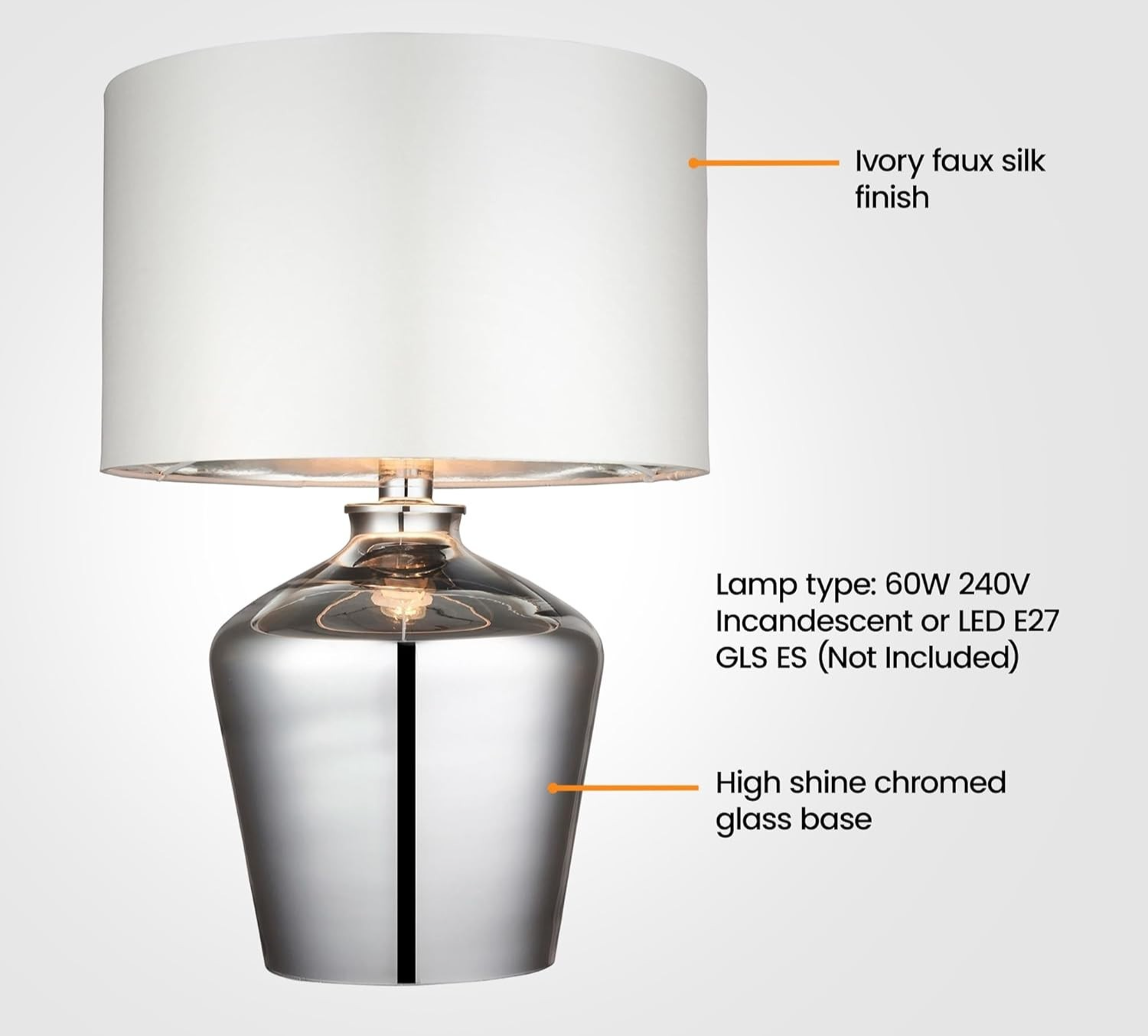 Dimmable Chrome Glass Table Lamp with Ivory Shade, LED Compatible, 47cm