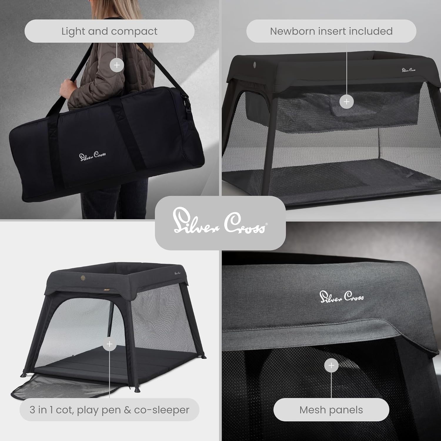 3 in 1 Baby Travel Cot Crib Bed Playpen Portable Lightweight Compact Carbon